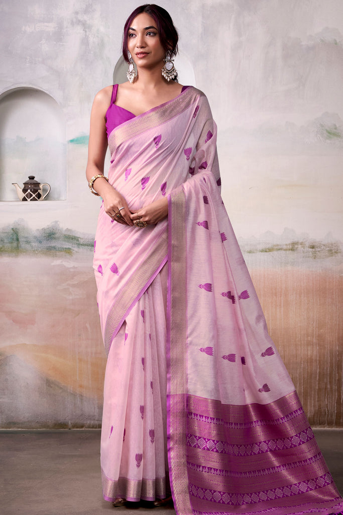 Bewitching Pink Weaving Cotton Event Wear Saree With Blouse