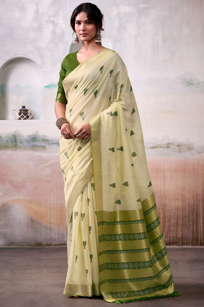 Outstanding Cream Weaving Cotton Festival Wear Saree With Blouse