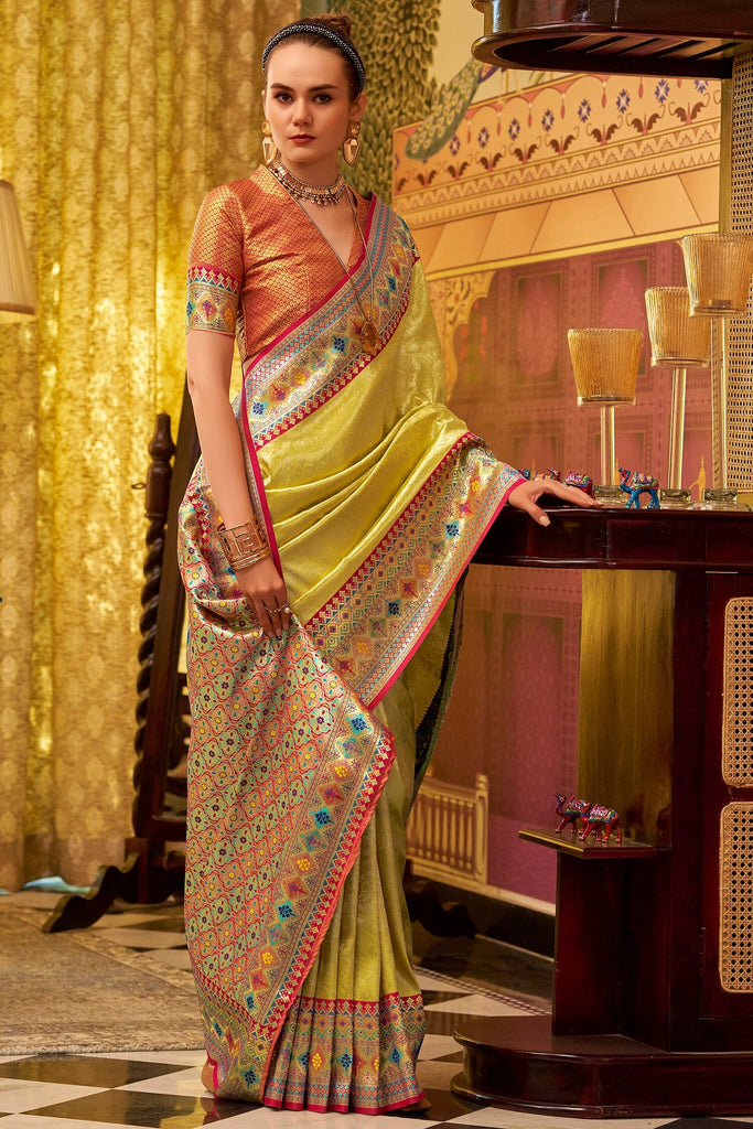 Shocking Lemon Yellow Zari Weaving Tissue Silk Saree With Blouse