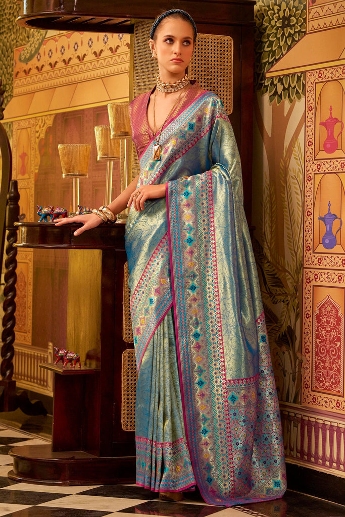 Beautiful Teal Blue Zari Weaving Tissue Silk Event Wear Saree
