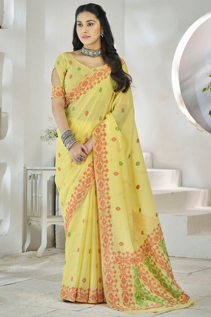 Ravishing Yellow Digital Printed Linen Festival Wear Saree With Blouse