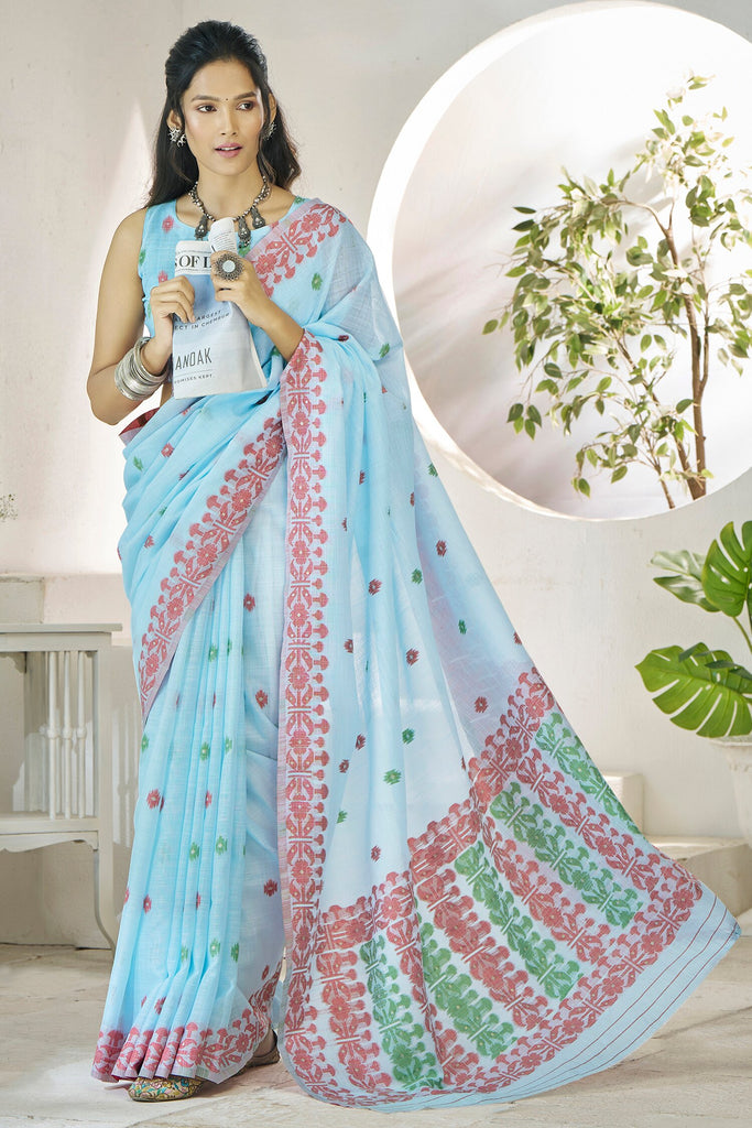 Beautiful Sky-Blue Digital Printed Linen Office Wear Saree With Blouse