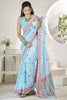 Beautiful Sky-Blue Digital Printed Linen Office Wear Saree With Blouse