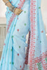 Beautiful Sky-Blue Digital Printed Linen Office Wear Saree With Blouse