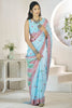 Beautiful Sky-Blue Digital Printed Linen Office Wear Saree With Blouse