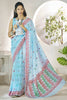 Beautiful Sky-Blue Digital Printed Linen Office Wear Saree With Blouse