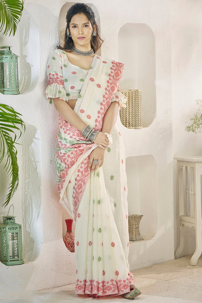 Glamorous White Digital Printed Linen Office Wear Saree With Blouse