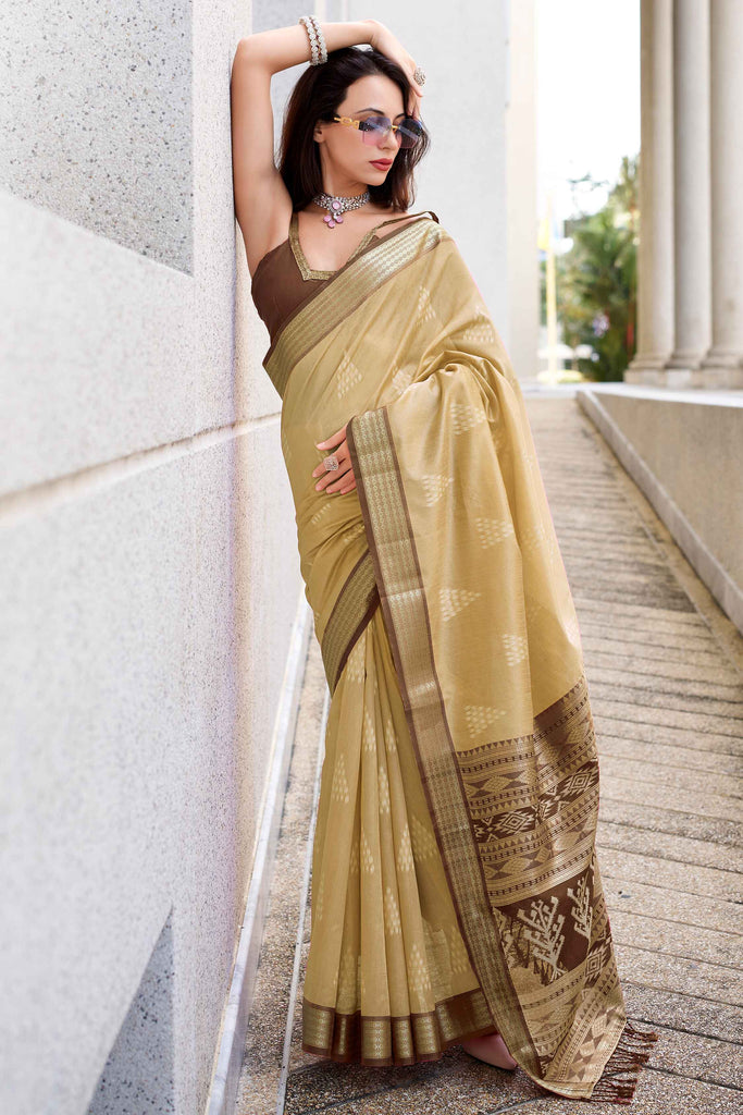 Awesome Cream Ikkat Weaving Silk Event Wear Saree With Blouse