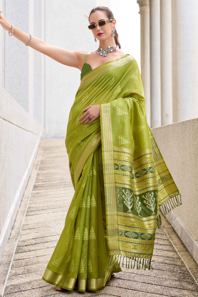 Fabulous Olive Green Ikkat Weaving Silk Event Wear Saree With Blouse