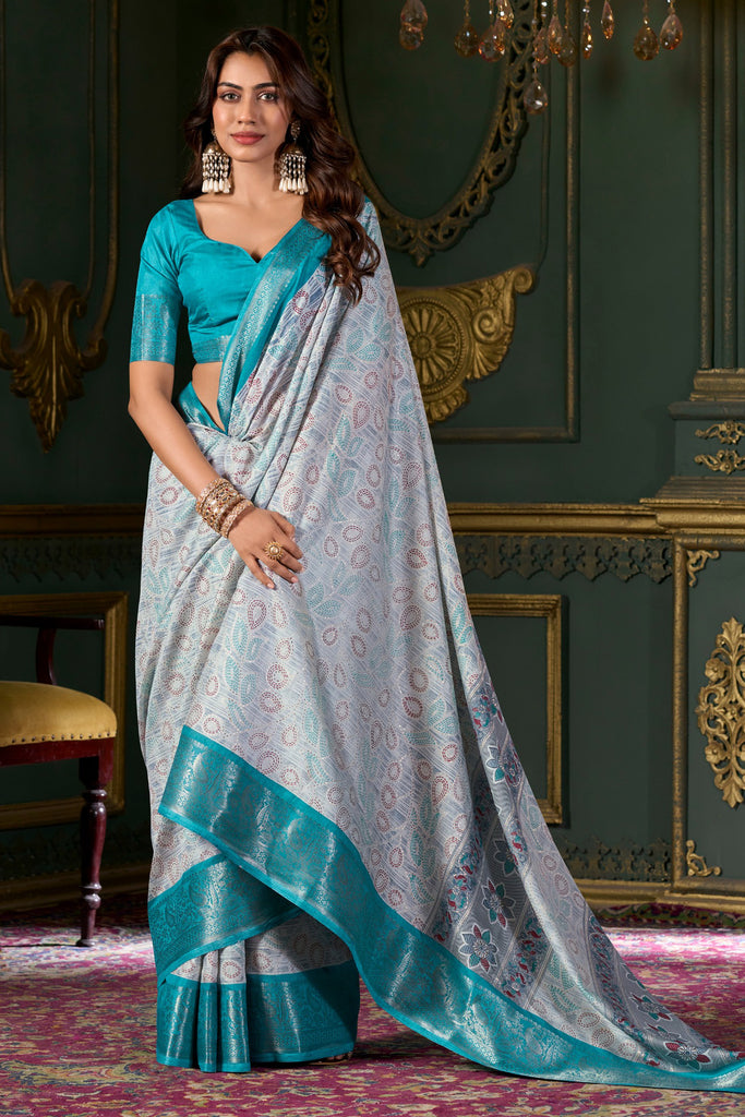 Wonderful Teal Blue Printed Dola Silk Event Wear Saree With Blouse