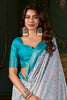 Wonderful Teal Blue Printed Dola Silk Event Wear Saree With Blouse