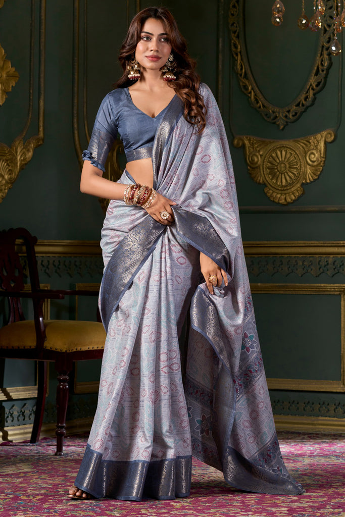 Alluring Dusty Blue Printed Dola Silk Festival Wear Saree With Blouse