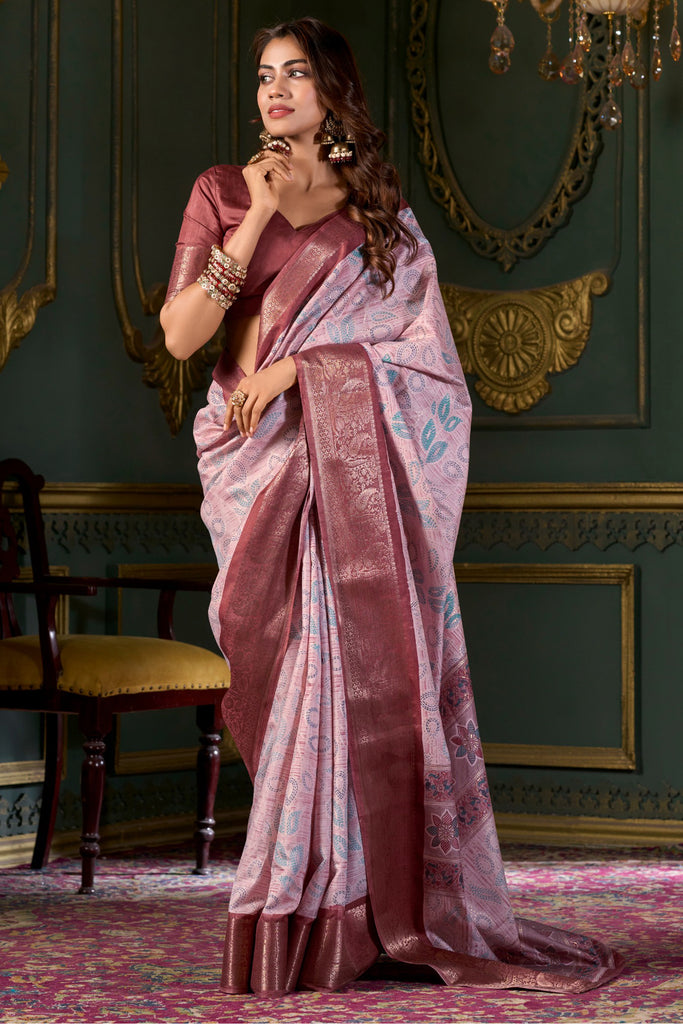 Captivating Maroon Printed Dola Silk Traditional Saree With Blouse