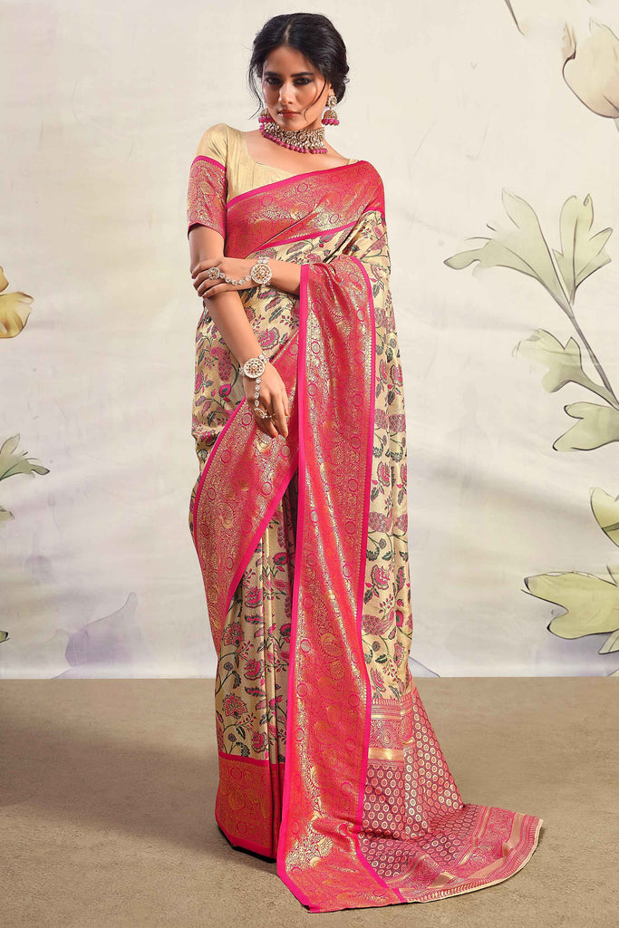 Captivating Pink Floral Printed Silk Engagement Wear Saree With Blouse