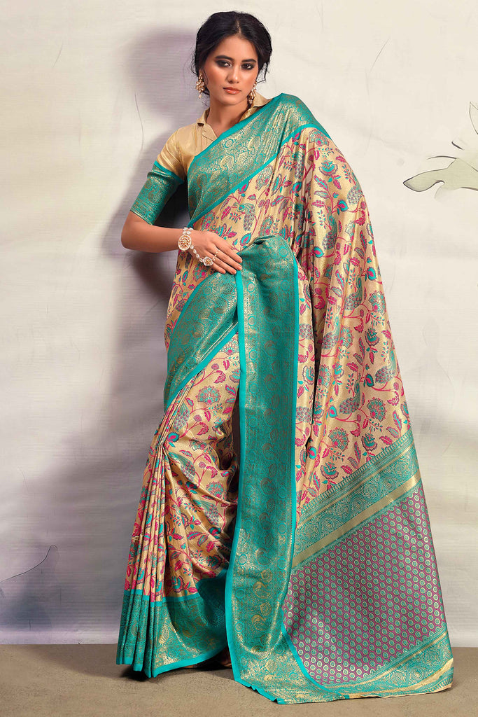 Dazzling Turquoise Blue Floral Printed Silk Event Wear Saree