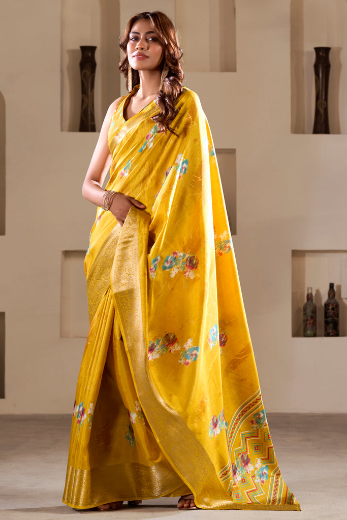 Stunning Yellow Printed Silk Haldi Wear Saree With Blouse