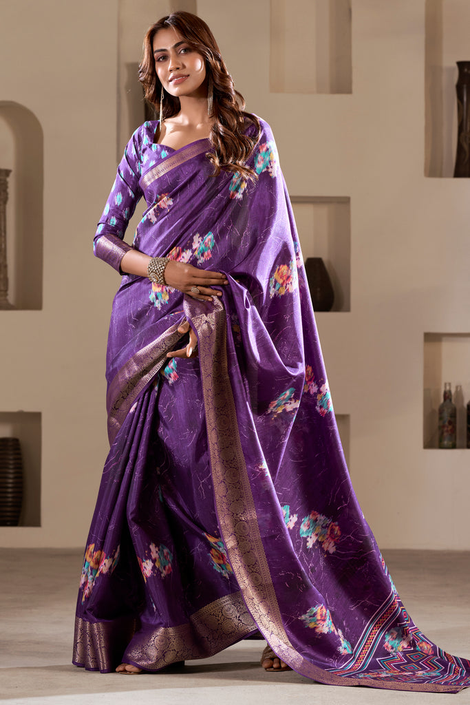 Astonishing Purple Printed Silk Festival Wear Saree With Blouse