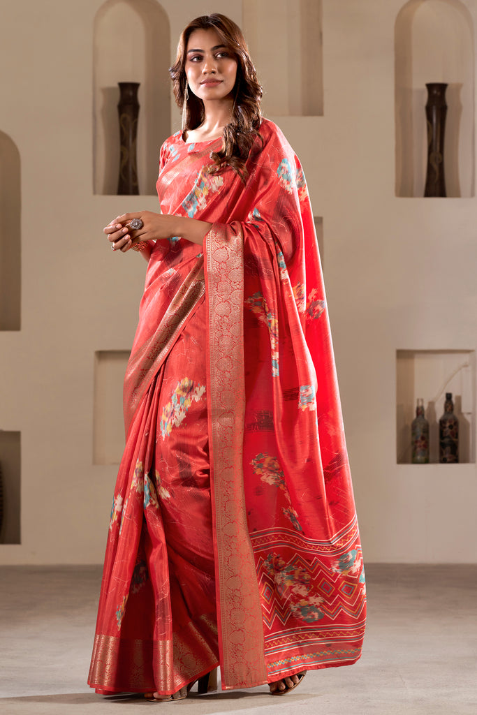 Glamorous Coral Red Printed Silk Festival Wear Saree With Blouse