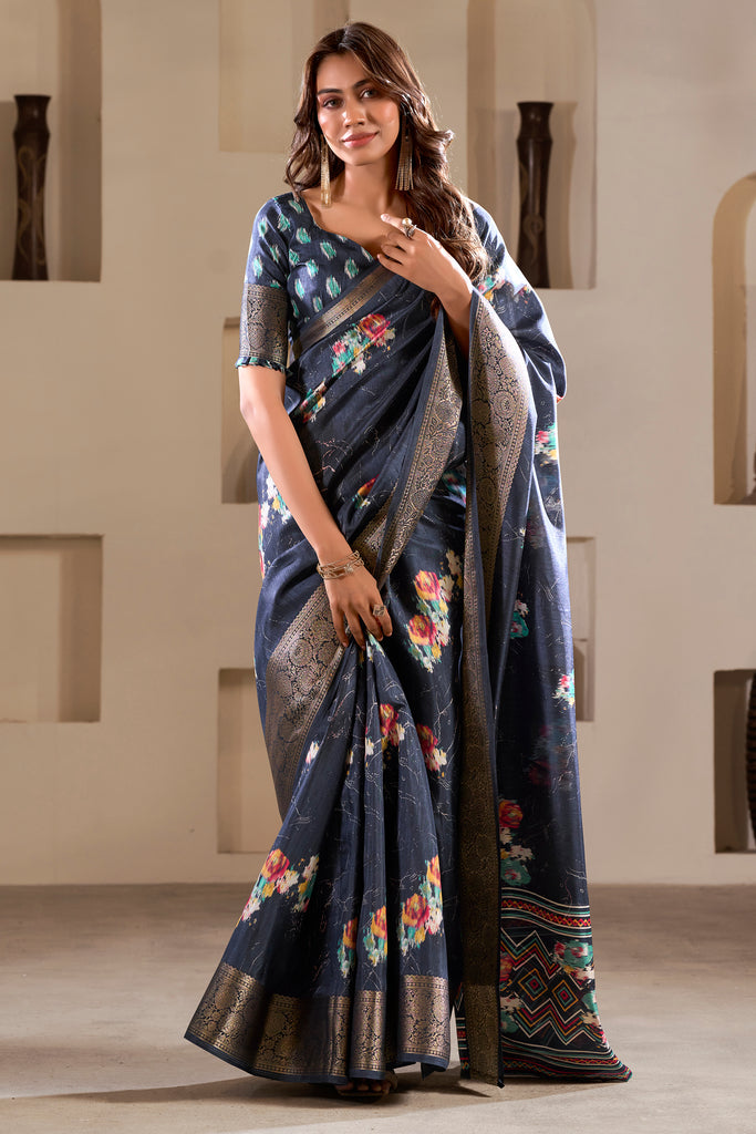 Charming Navy Blue Printed Silk Event Wear Saree With Blouse