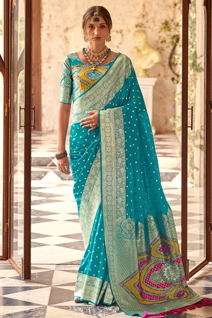 Stunning Sky Blue Zari Weaving Silk Event Wear Saree With Blouse