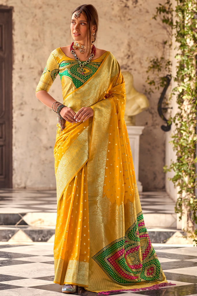 Pretty Yellow Zari Weaving Silk Haldi Wear Saree With Blouse