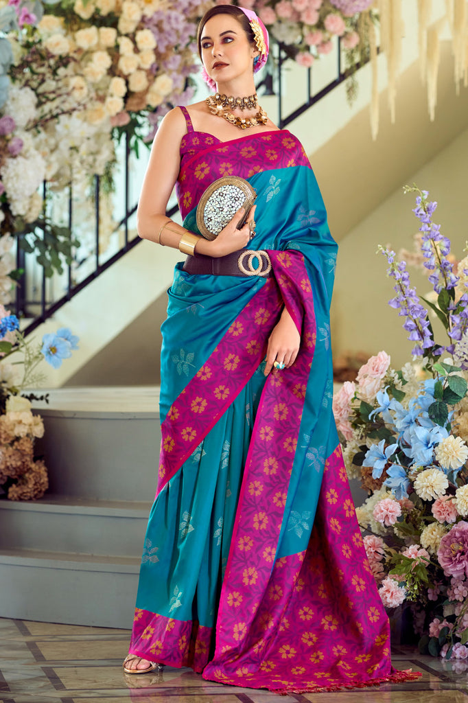 Beautiful Teal Blue Floral Print Silk Event Wear Saree With Blouse