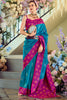 Beautiful Teal Blue Floral Print Silk Event Wear Saree With Blouse