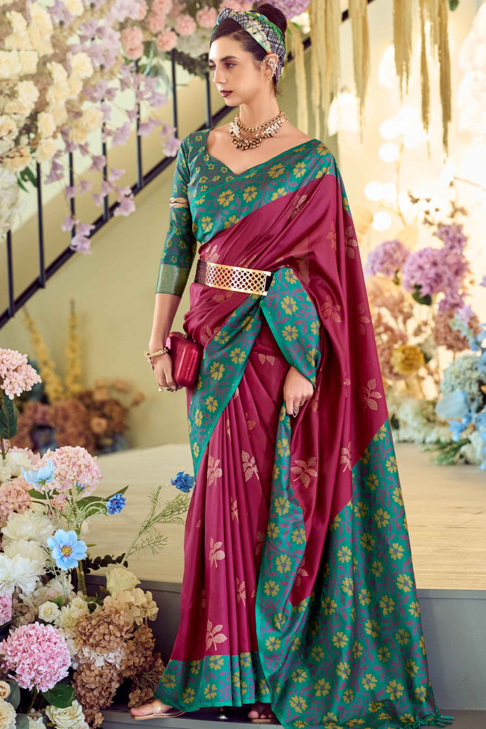 Alluring Magenta Floral Print Silk Function Wear Saree With Blouse