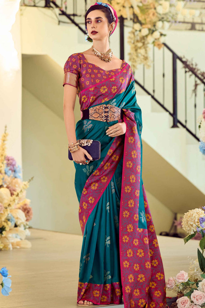 Glamorous Teal Blue Floral Print Silk Event Wear Saree With Blouse