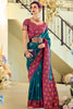 Glamorous Teal Blue Floral Print Silk Event Wear Saree With Blouse