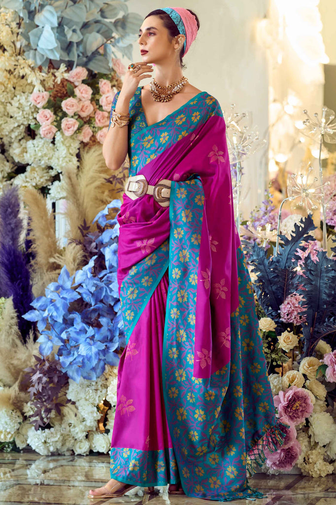 Amazing Dark Magenta Floral Print Silk Event Wear Saree With Blouse