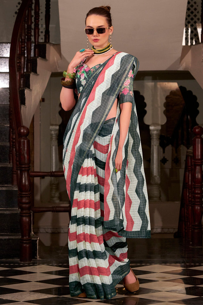 Dazzling Grey Printed Cotton Saree With Floral Printed Blouse