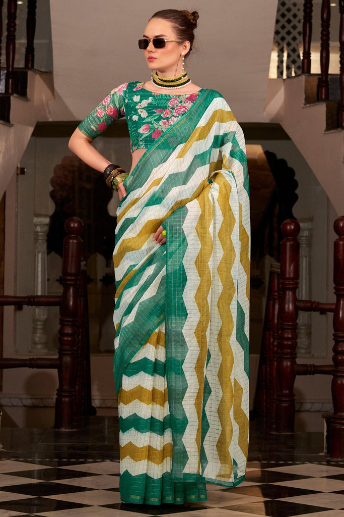 Incredible Green Printed Cotton Office Wear Saree With Blouse