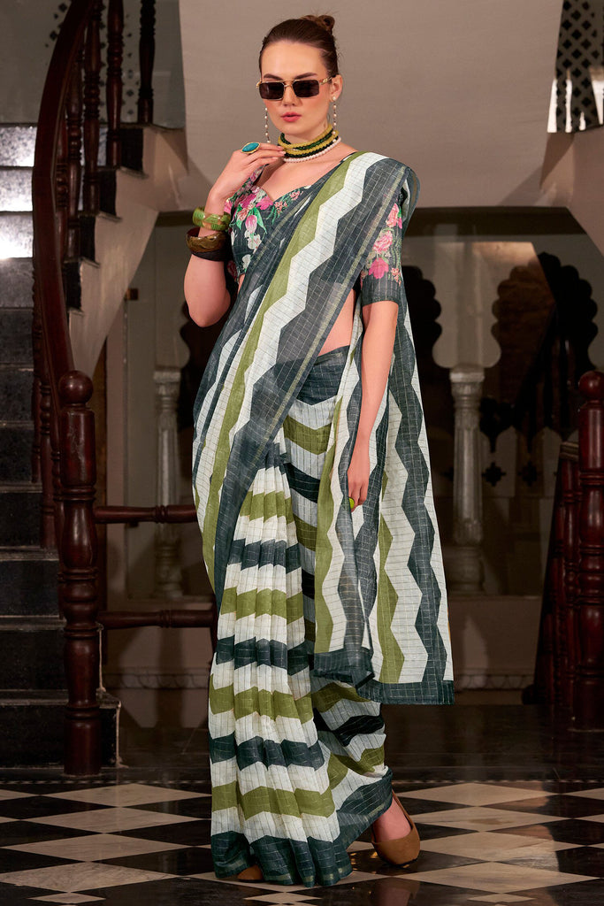 Awesome Multi-Color Printed Cotton Casual Wear Saree With Blouse