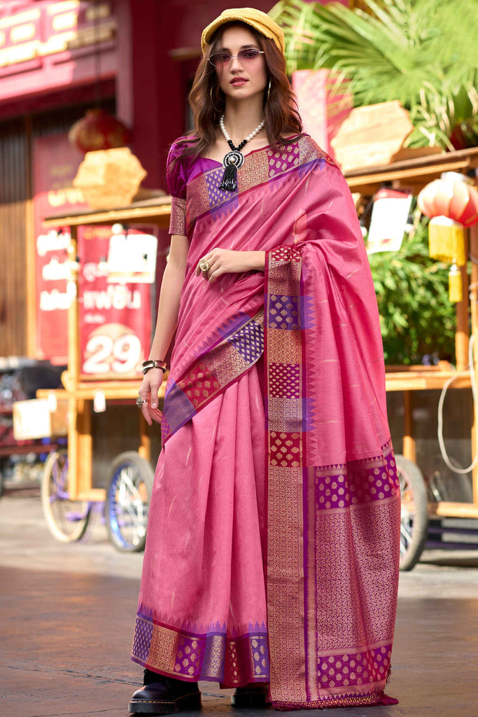 Attractive Pink Zari Weaving Silk Event Wear Saree With Blouse