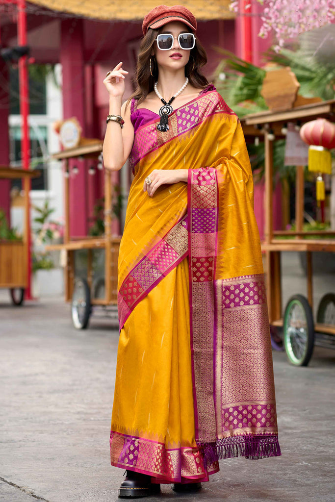 Glamorous Yellow Zari Weaving Silk Traditional Wear Saree With Blouse