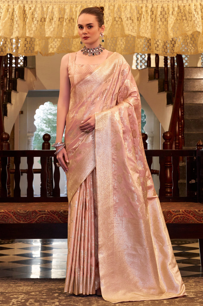 Beautiful Peach Zari Weaving Satin Silk Traditional Saree With Blouse