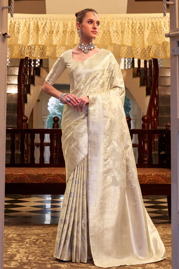 Attractive Beige Zari Weaving Satin Silk Festival Wear Saree