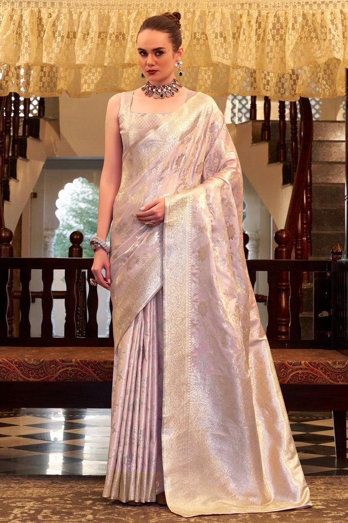Alluring Lilac Color Zari Weaving Satin Silk Function Wear Saree