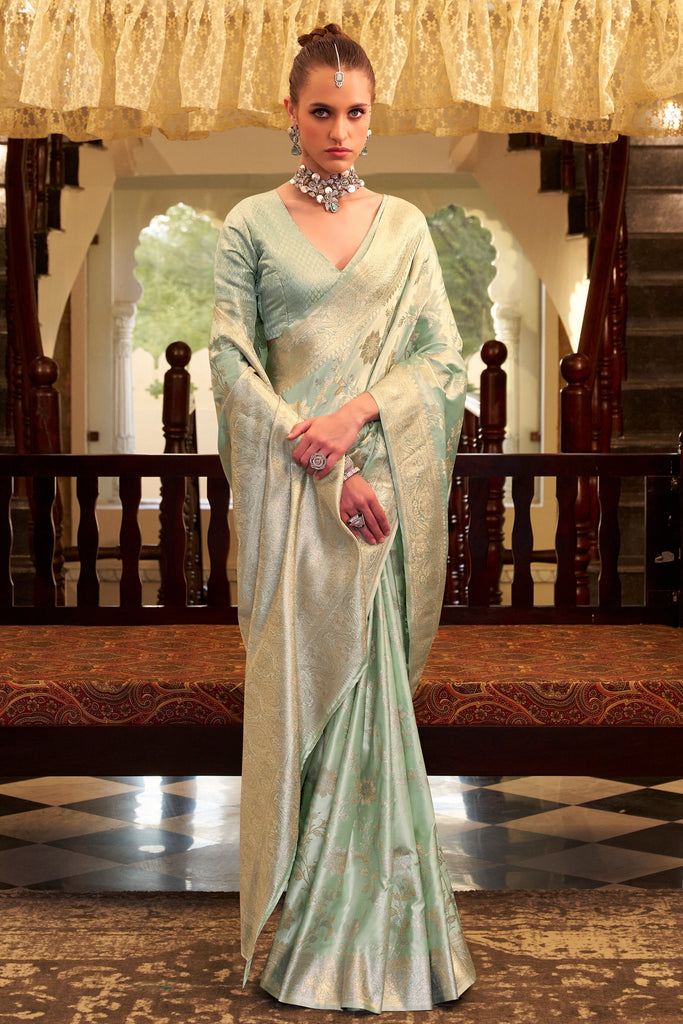 Fantastic Pista Green Zari Weaving Satin Silk Festival Wear Saree