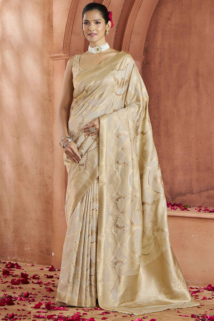 Adorable Cream Zari Weaving Banarasi Silk Festival Wear Saree