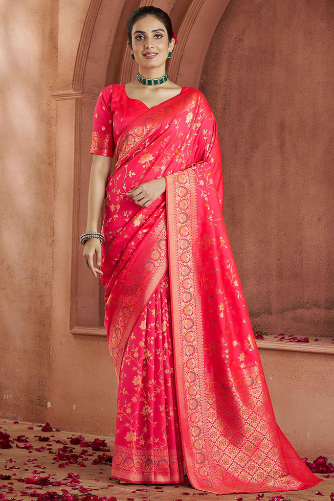 Surprising Coral Red Zari Weaving Banarasi Silk Function Wear Saree