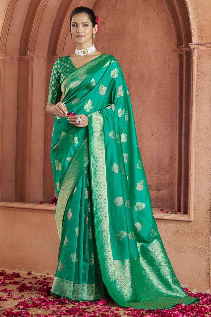 Magnetic Teal Green Zari Weaving Banarasi Silk Event Wear Saree