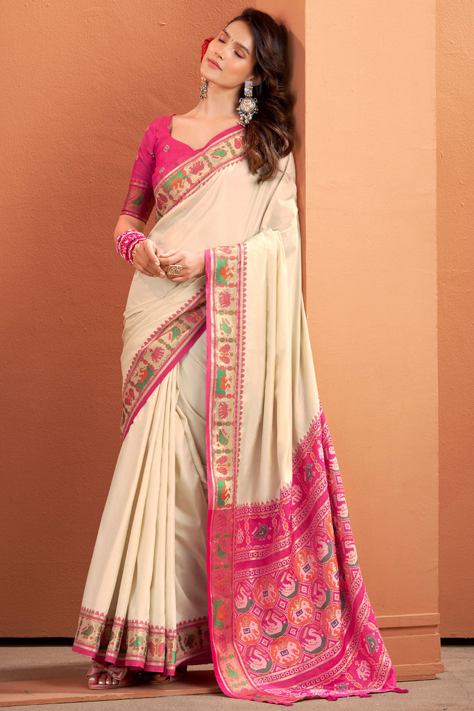 Attractive Cream Patola Weaving Silk Casual Wear Saree With Blouse