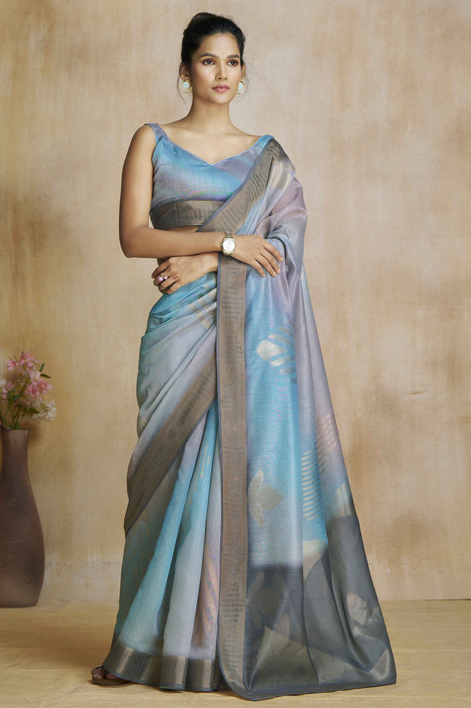 Amusing Blue Digital Printed Silk Function Wear Saree With Blouse