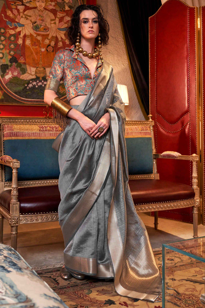 Ravishing Grey Handloom Weaving Chiffon Event Wear Saree With Blouse