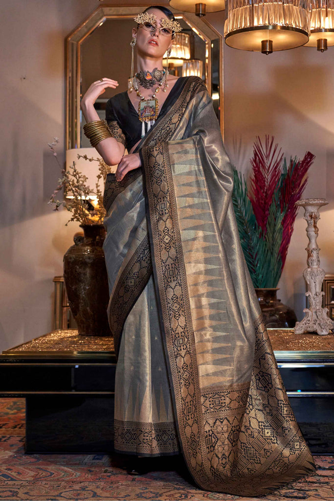 Attractive Grey Handwoven Tissue Silk Event Wear Saree With Blouse