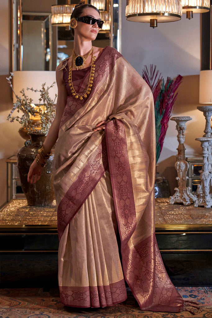 Desirable Brown Handwoven Tissue Silk Festival Wear Saree With Blouse