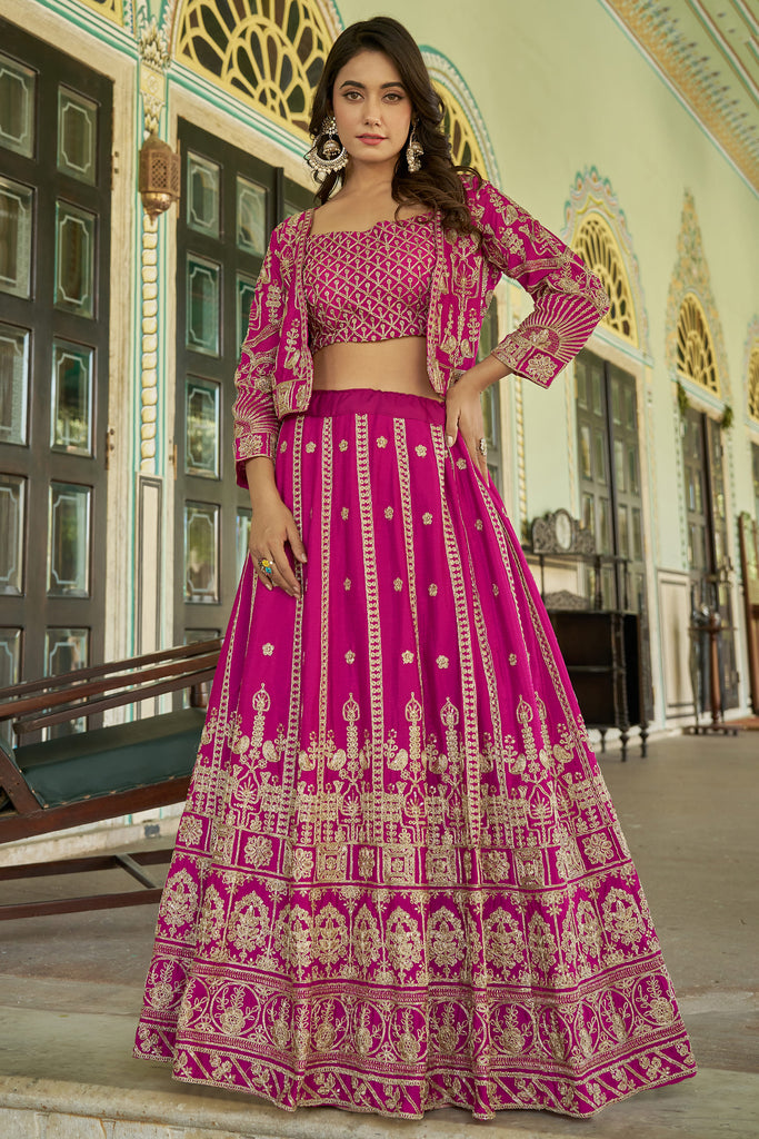 Alluring Pink Embroidered Chinon Wedding Lehenga Choli With Koti
