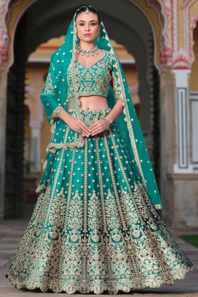 Beautiful Turquoise Blue Embroidered Net Designer Lehenga Choli